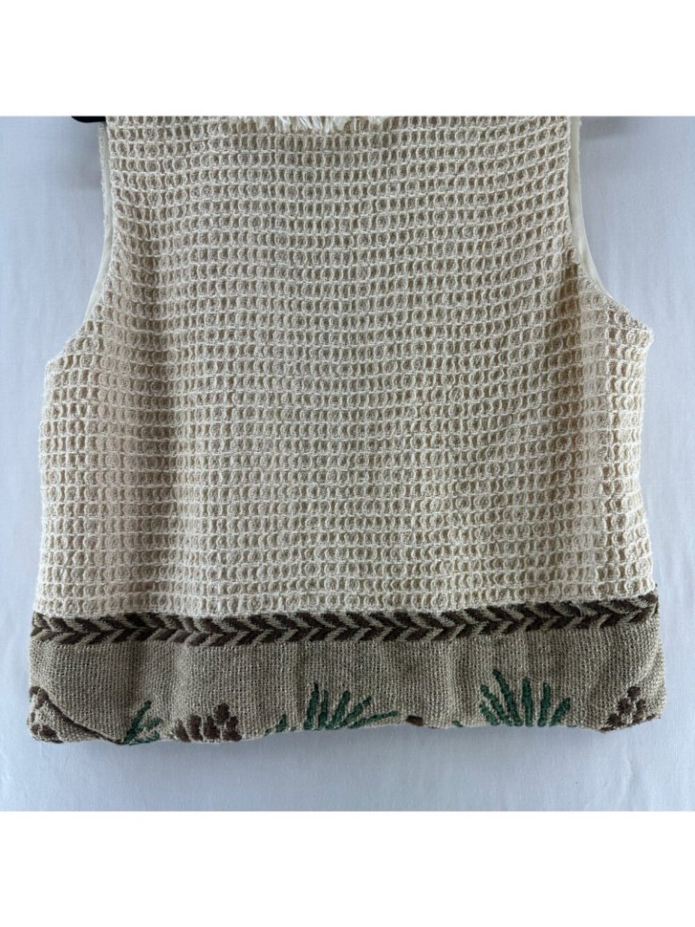 Vintage Jans Jems Tapestry Fringe Shawl Vest Size M/L Woven Lined Pinecone Cream - Picture 9 of 11